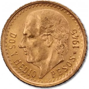Gold Coin 2.5 Peso, Mexico 1918 - 1948, 1.87 g reverse side