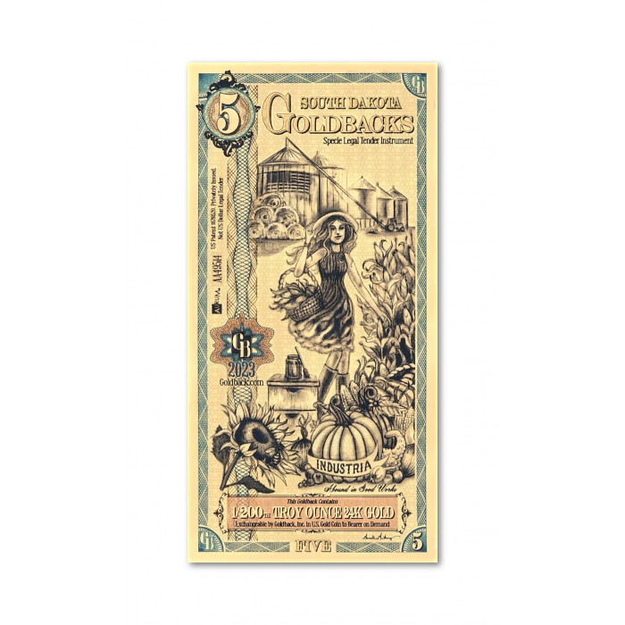 Złoty Banknot 5 New South Dakota Gold Note 2023, 1/200 uncji - front