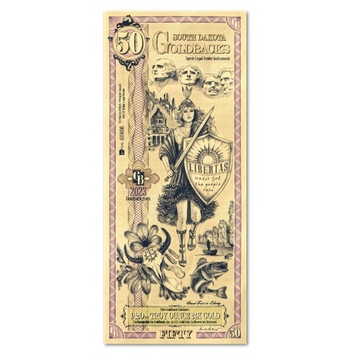 Złoty Banknot 50 New South Dakota Goldbacks Gold Note 2023, 1/20 uncji - front