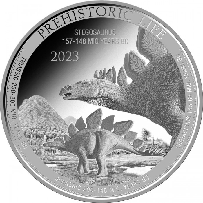 0334　EUROPE and AFRICA  THE NEW PHASE Srebrna Moneta Congo Stegosaurus 2023, 1 uncja