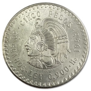 Silver Coin Mexico 5 Peso Cuauhtemoc 1947 - 1948, 30g (good condition) reverse