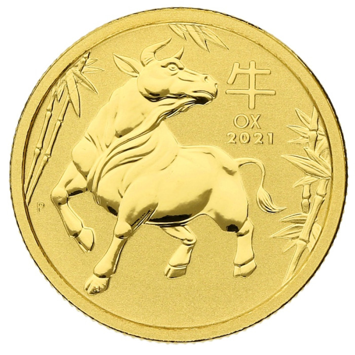 Złota Moneta Lunar III Rok Bawoła 2021, 1/10 uncji - rewers